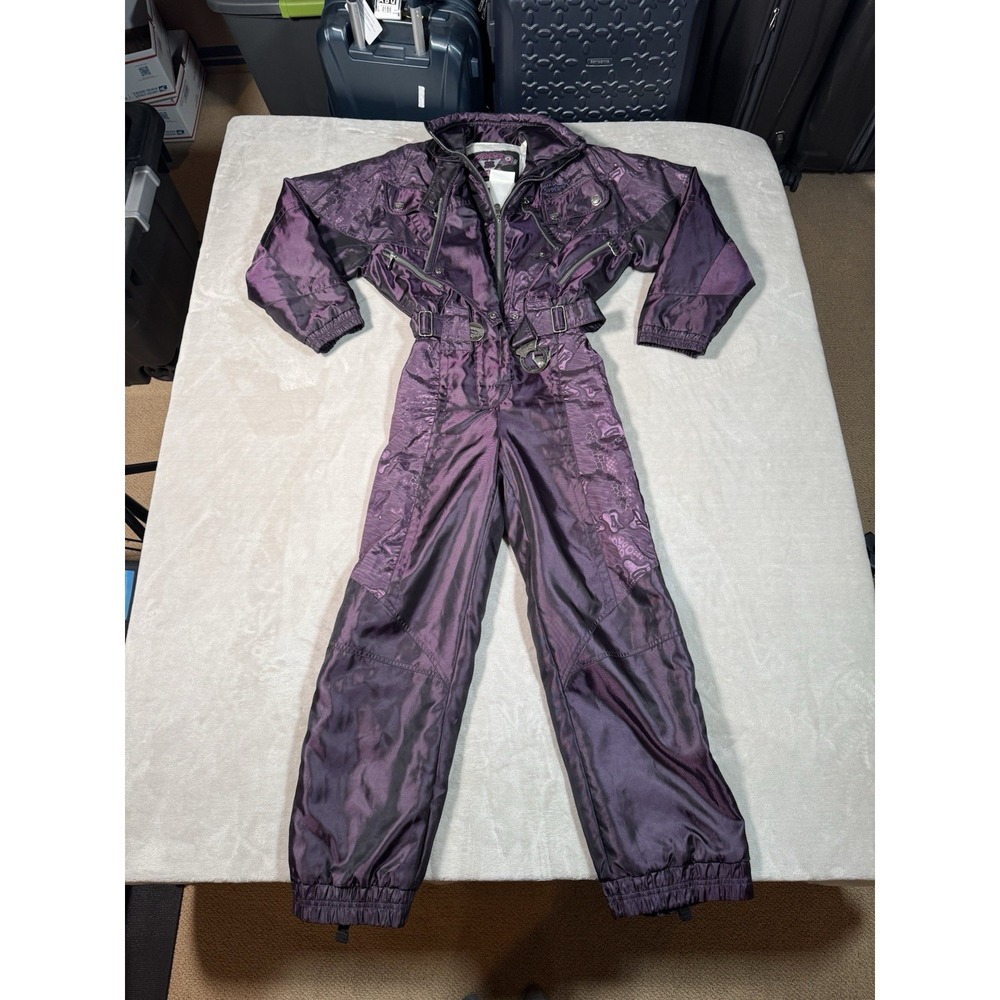 VTG Spyder Womens Purple Ski Suit Coveralls Size 4 Hong Kong Compass Embroidery